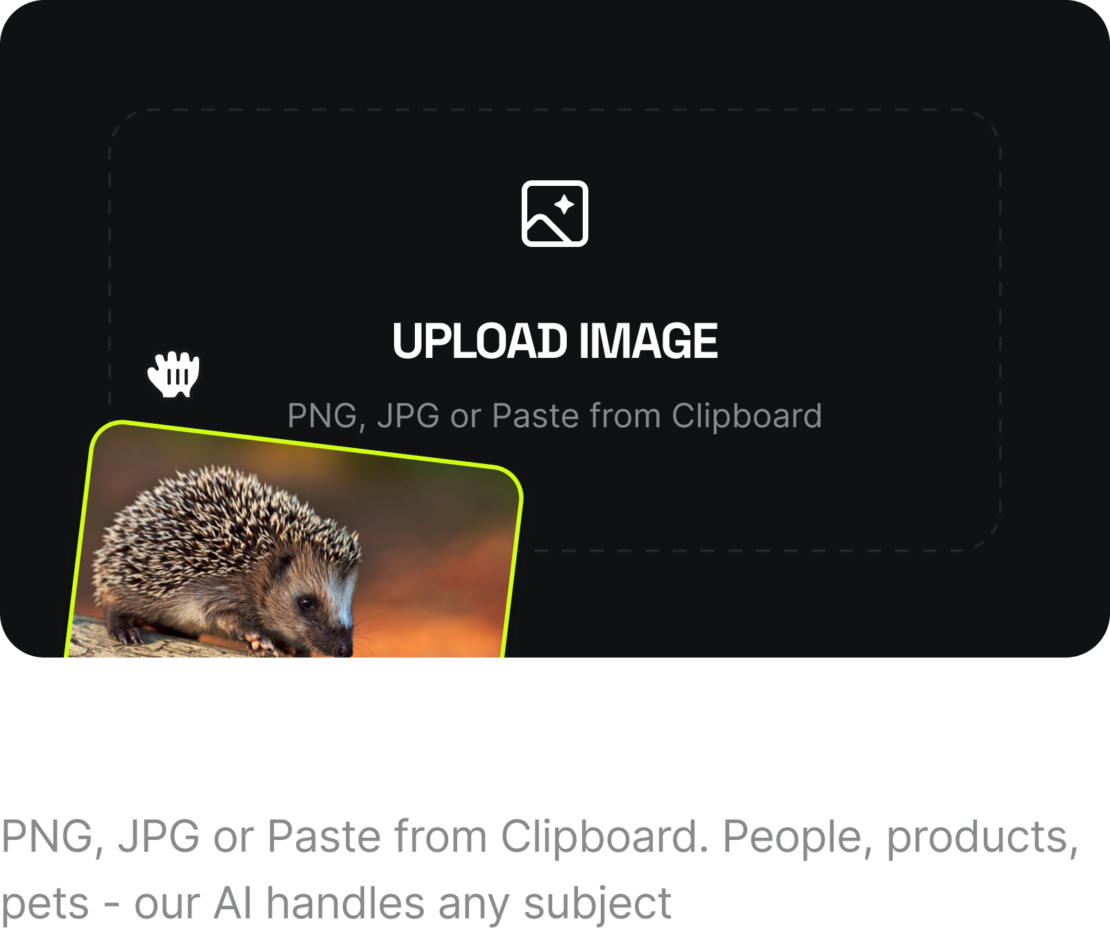 Upload Your Image: PNG, JPG or Paste from Clipboard. People, products, pets - our AI handles any subject